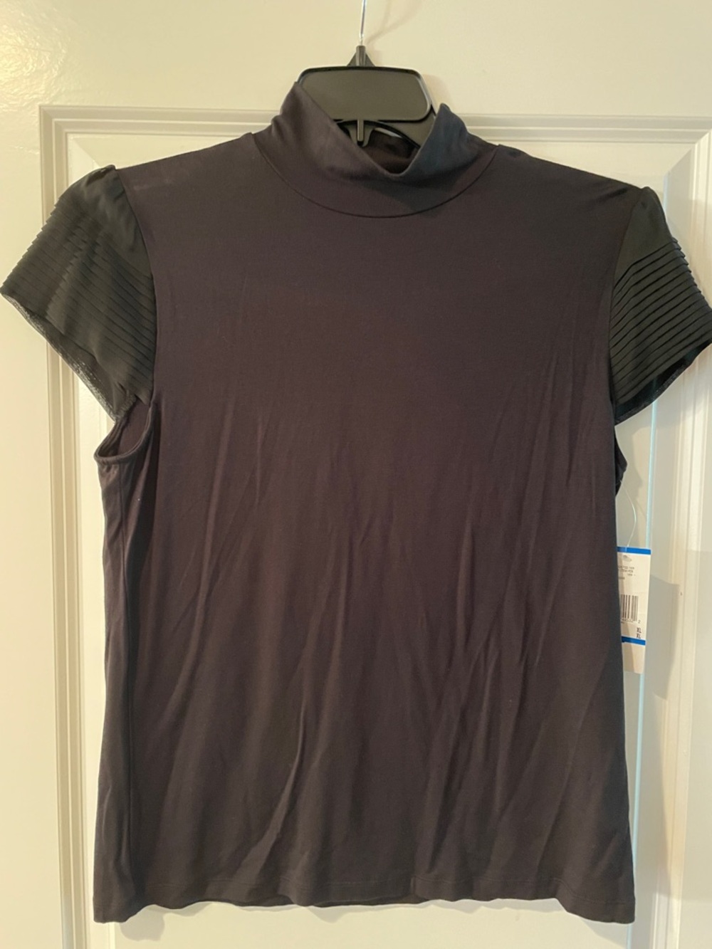 Anne Klein Black Mock Neck Short Sleeve Tee with Pleated Sleeves